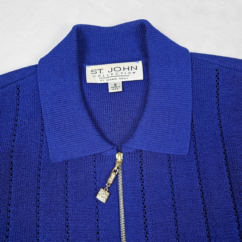 Vtg St John Pant Suit Jacket Marie Gray Women 6 Knit Royal Gold Full Zip Pull On - Picture 3 of 16
